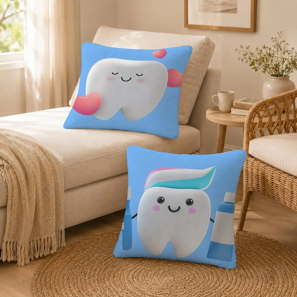 Cartoon Funny Dental Clinic Tooth Cushion Cover Soft Throw Pillow Cover Washable Plush Cushion Case for Sofa Bed Living Room