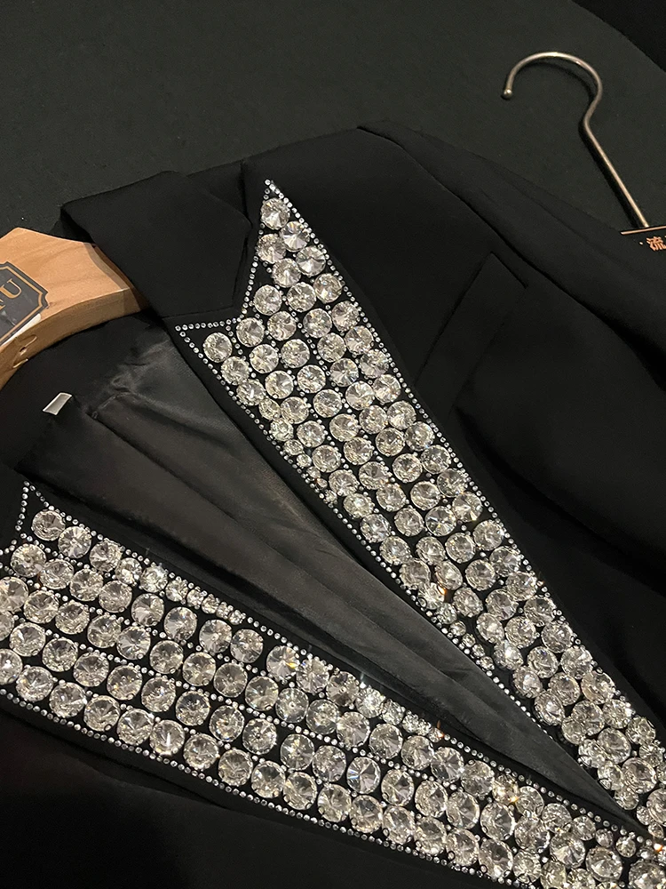 Heavy Embellied Diamond Single Button Jaet Sli Commute Wind Damen Long Sve Anzug Jaet Faionable Celebri