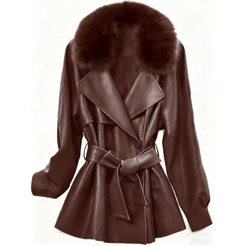 コットンPUレザー レディース レースアップ ウエストレザージャケット 秋冬 大きいサイズ 厚手コート 高級婦人用 ファーカラー取り外し可能