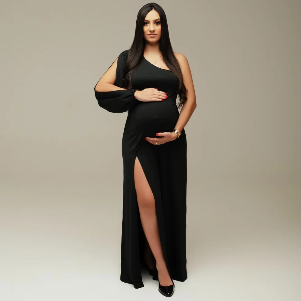 

Maternity Photography Dresses Elegant Party Dress For Pregnant Women One Shoulder Side Fork Solid Color Elastic Fabric Dress