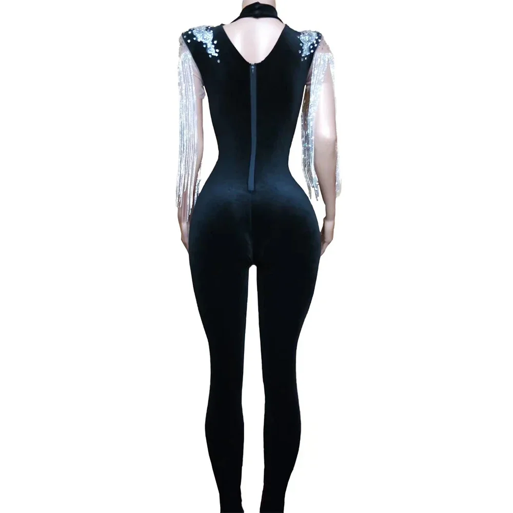 Shining Diamonds Perspective V-Neck Tassel Jumpsuits Tight Stretch Women Rhinestone Playsuit Nightclub Costumes