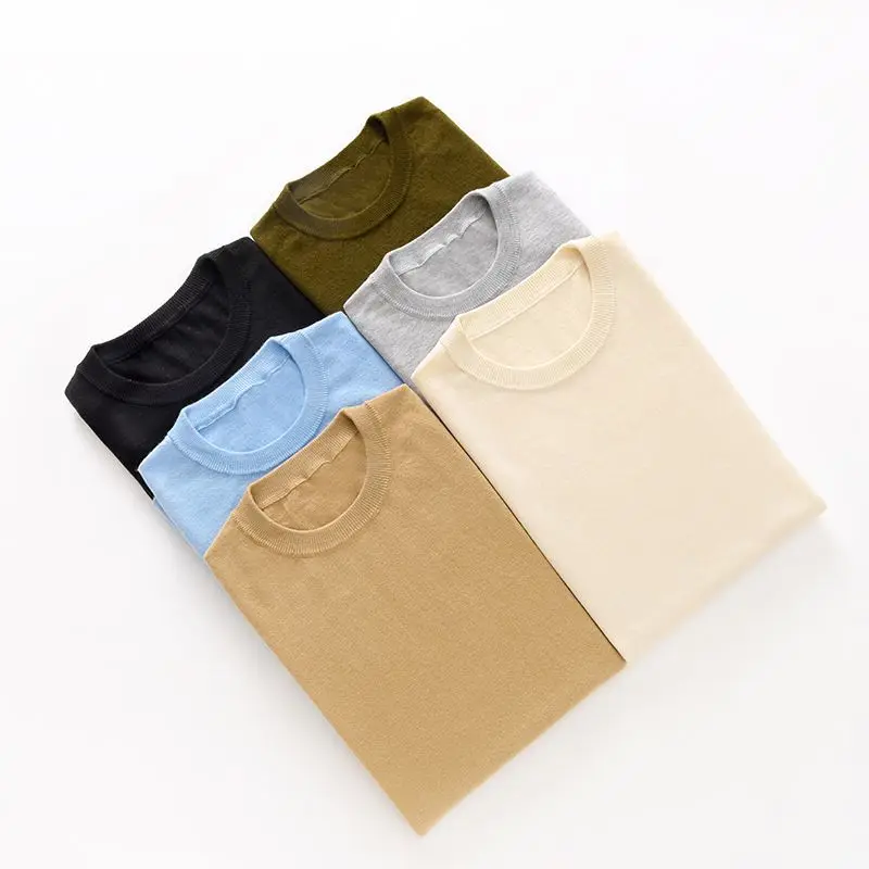 

Wool Short-sleeved T-shirt Crew Neck Knitted Half-sleeved T-shirt Top Middle-aged and Young Casual Bottoming Shirt