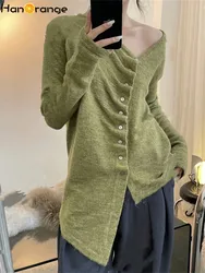 HanOrange 2024 Autumn Winter Slanted Pleated Knitted Cardigan Women Lazy Mohair Top Yellow/Withered Wood Green