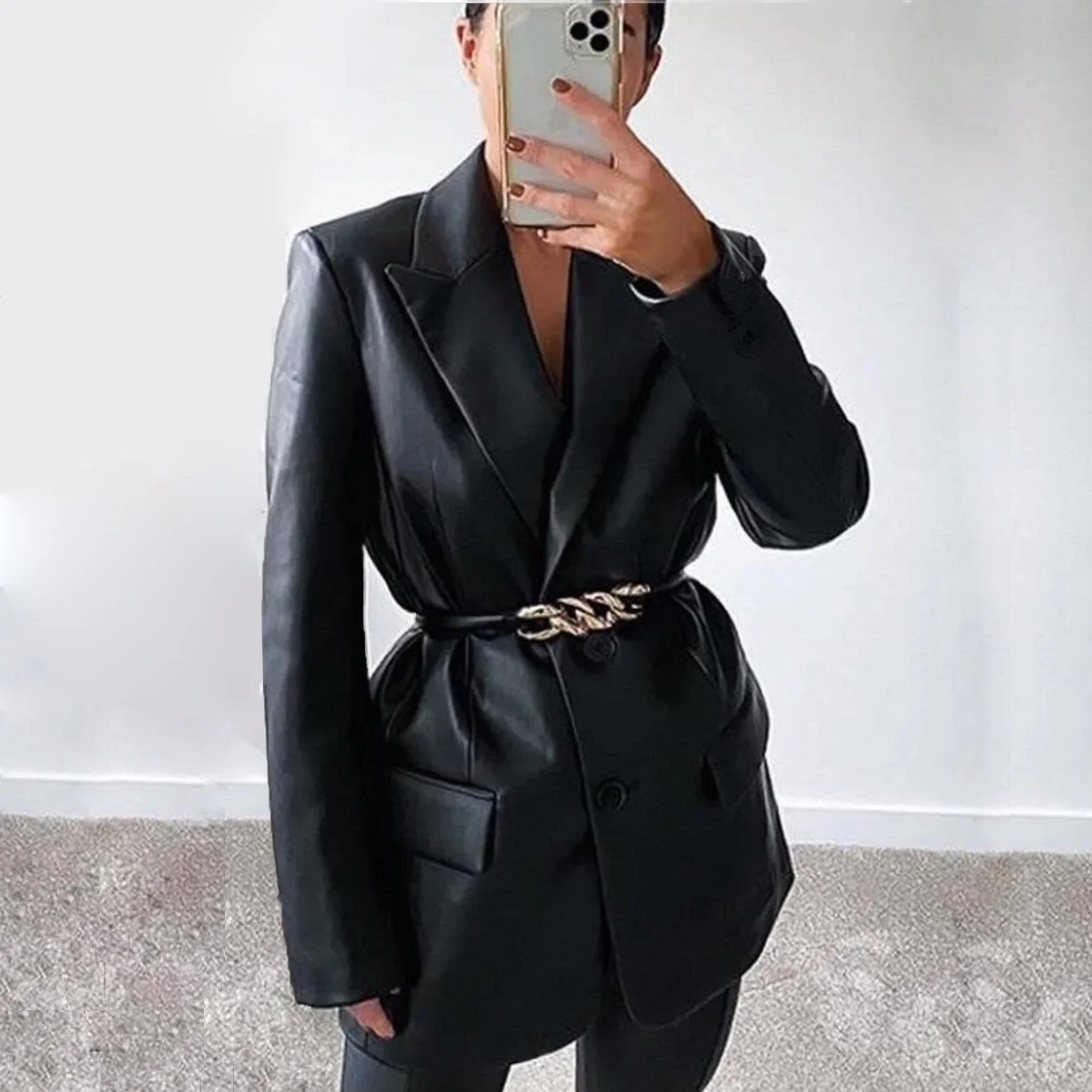 Women Fashion Hot Selling Leather Jacket Black New Suit-Collar Fake Pocket Coat Spring Casual Loose Large Size Tops Long Sleeve