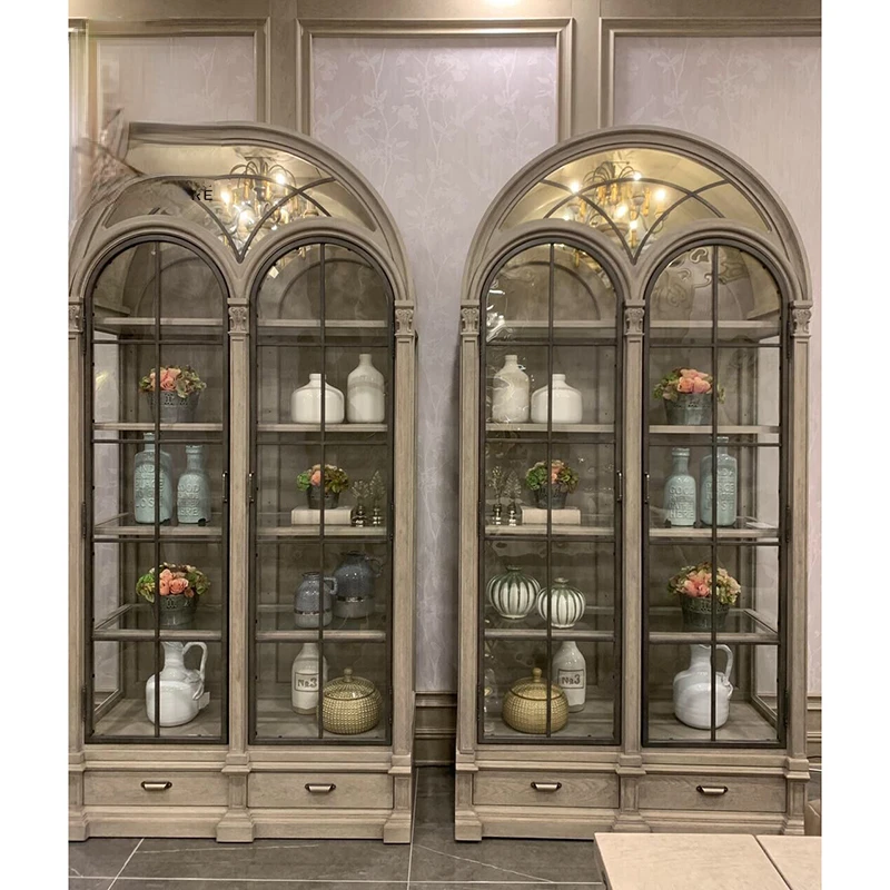 American Arch Wine Cabinet French Solid Wood Semicircle Glass Door Side Panel Cabinet High-End