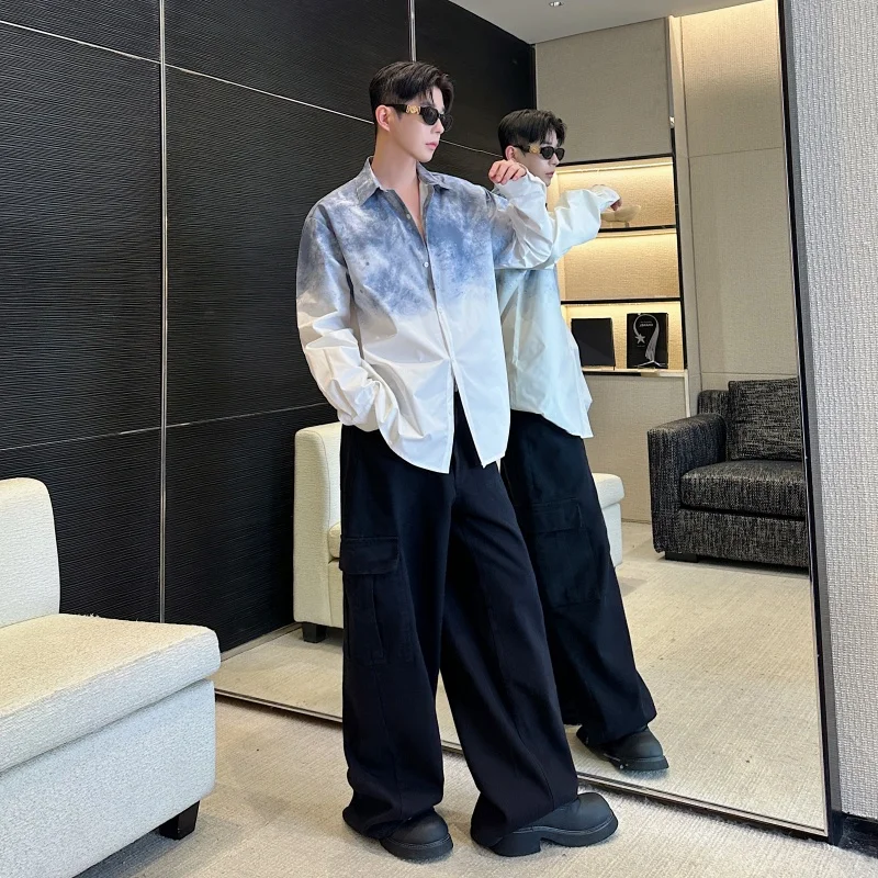 Retro Chinese Sle Long Sve irt Jaet Men's Casual Loose Printed Outerwear Water Ink adient Stand Fit Polyester