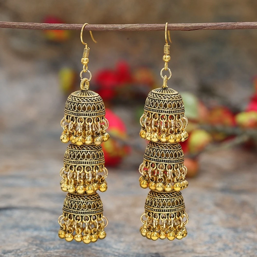 Indian Ethnic Style Earrings Jewelry For Women Retro Antique Alloy Carved Beads Bells Tassels Hanging Long Earrings