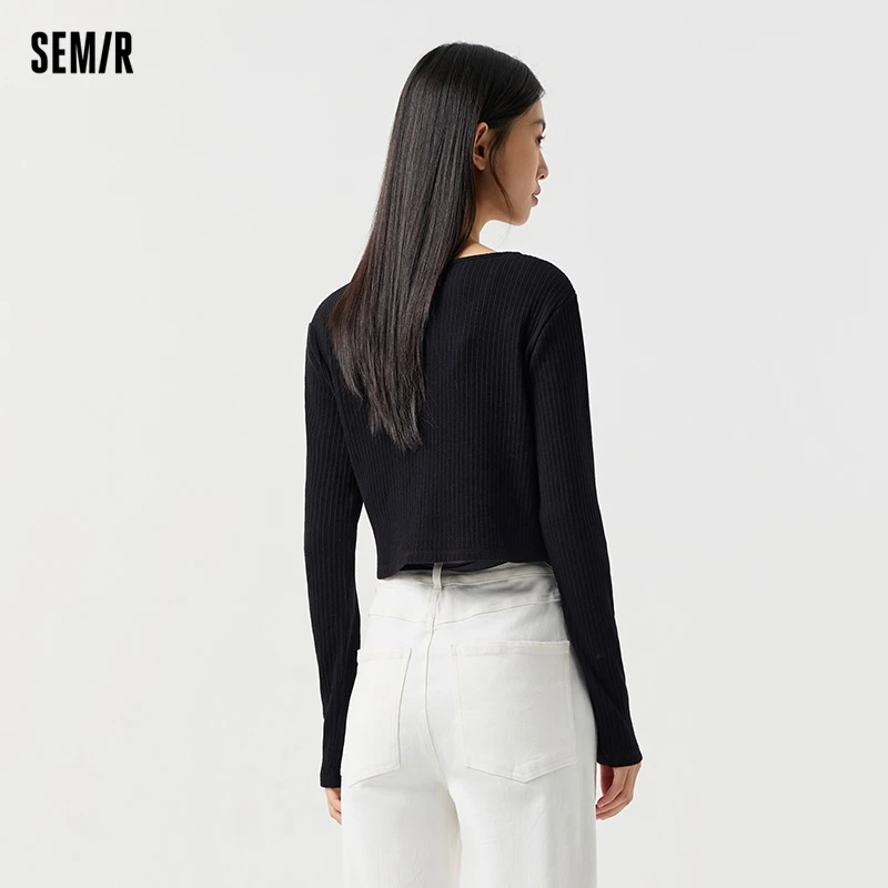 Semir 2024 Long-Sleeved T-Shirt Women Short Bow V-Neck Solid Color 2024 Spring New Hot Tight Textured Knitted Cardigan