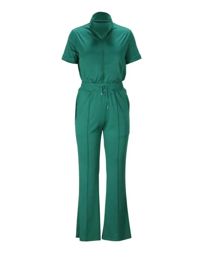 

2024 New Short Sleeve Zip Up Top and Drawstring Pants Set Two Peice Set for Women Matching Sets Solid Color Female Chic Clothing