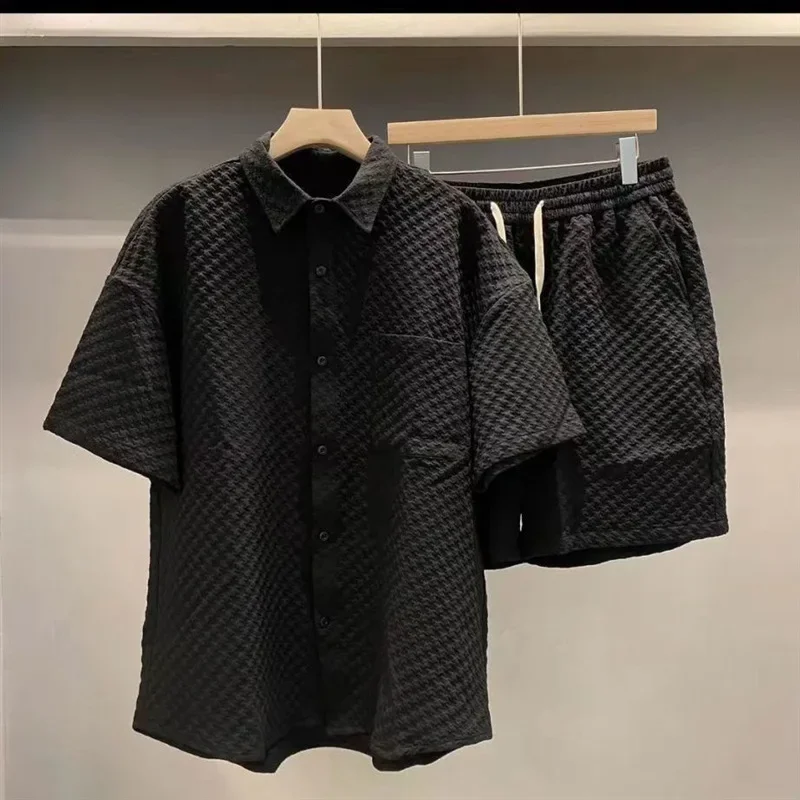 

Men Suit Set Casual Oversize Plaid Lapel Short Shirts Solid Two-Piece Summer Casual Solid Short Sleeve Loose Fashion Streetwear