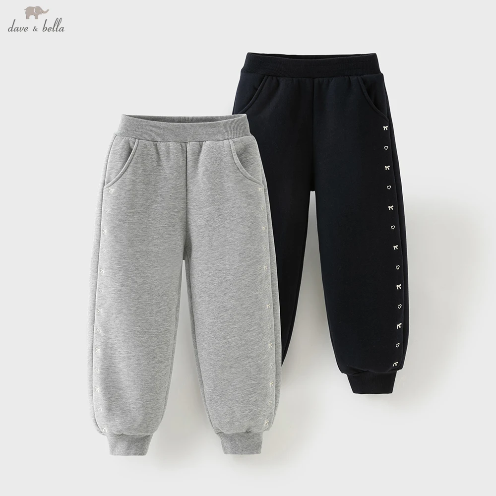 Dave Bella Girls Winter Warm Fleece-lined Pants 7-13 Years Teen Embroidery Straight Pants Elastic Trousers DK4264320