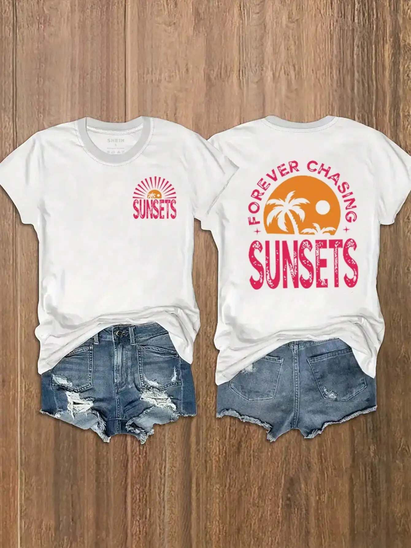 

Plus Size INAWLY Women's Summer Palm Tree & Slogan Print Round Neck Short Sleeve Casual T-Shirt FOREVER CHASING SUNSETS Graphic