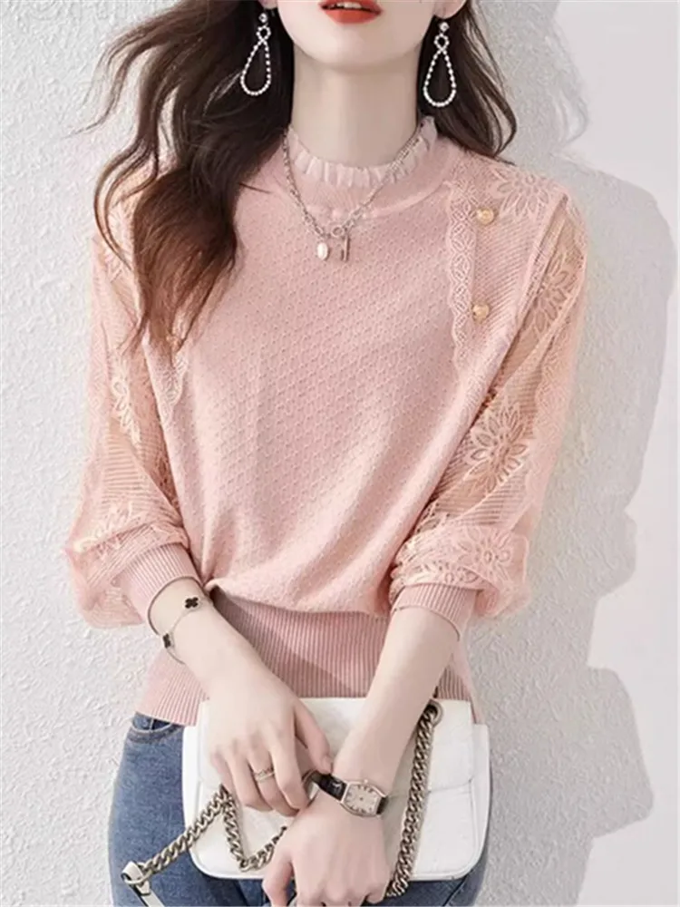 Sweet Floral Lace Spliced Blouse Fashion Hollow Out Female Clothing Solid Color O-Neck Spring Autumn Long Sleeve Knitted Shirt