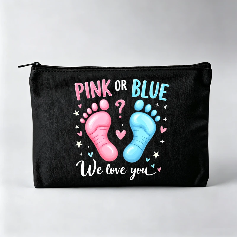 Bolsa de Maquillaje para Baby Shower con Diseño de Huellas Rosas y Azules, Bolsa Cosmética con Cierre para Fiesta de Revelación de Género