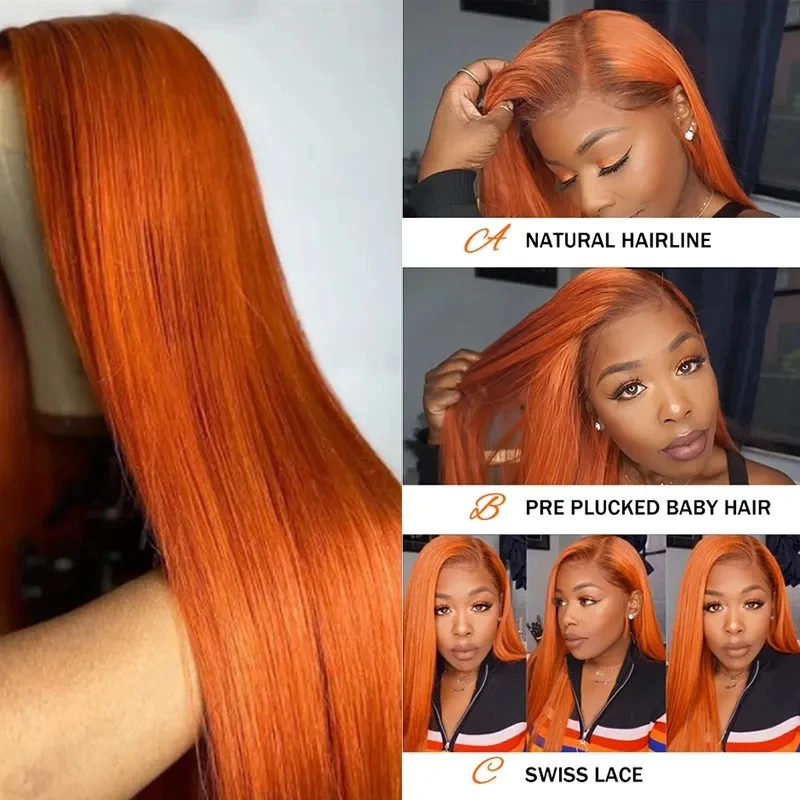 Sleek Ginger Orange 13x5 Brazilan Straight Lace Frontal Human Hair Wigs HD Lace Transparent Wig Nature Remy Lace Frontal Wigs