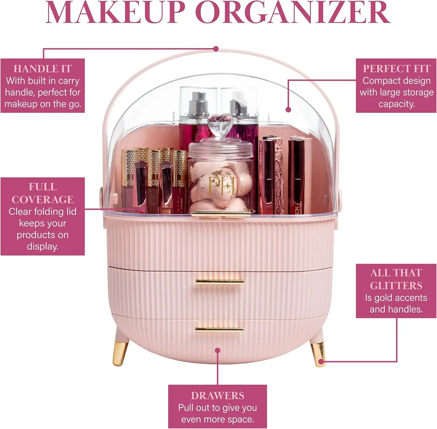 蓋付きメイクアップ収納オーガナイザー、化粧品＆スキンケアオーガナイザー、波形デザインとゴールドアクセント付きポータブルボックス、ピンク