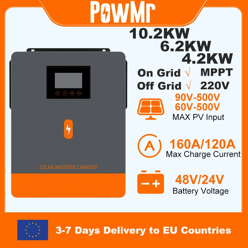 PowMr Onduleur Solaire Hybride 10.2KW 6.2KW 4.2KW 24V 48V 220V, Onduleur On-Grid/Off-Grid à Double Sortie avec Chargeur Solaire MPPT 160A 120A