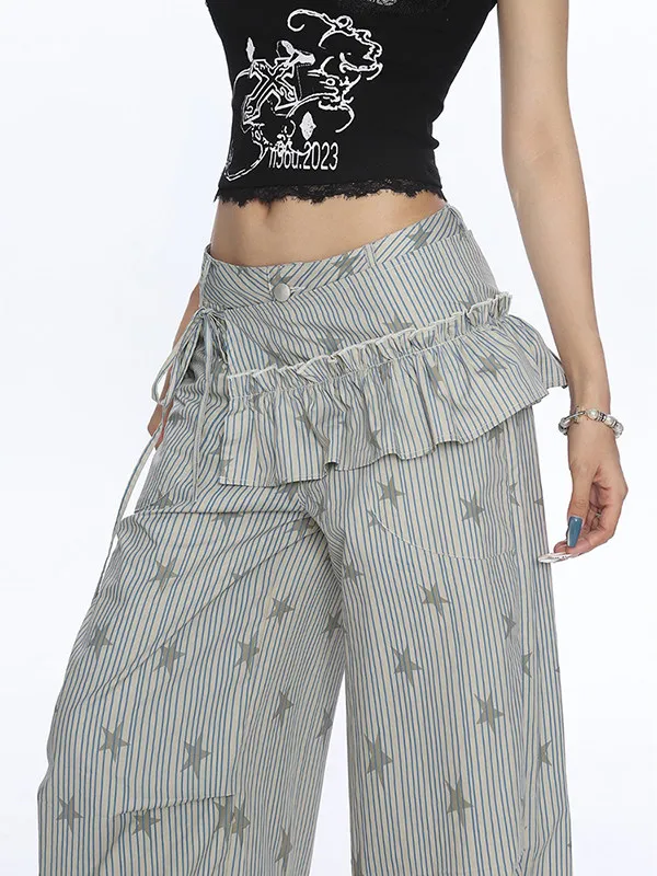 Women American Retro Stripe Pants 2000s Baggy High Street Long Trousers Wide Fit Y2k Harajuku Japanese Loose Casual Pants Punk