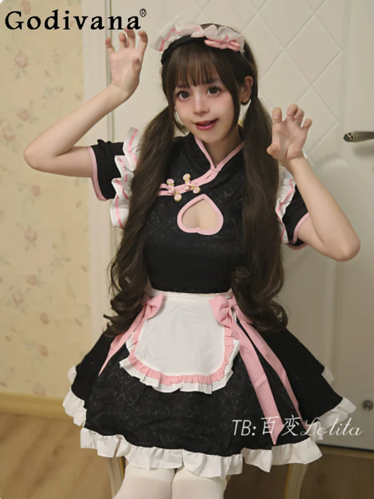 

Lolita Maid Large Size Men Women COS New Chinese Short Sleeve Dress Sweet High Waist A-line Stand Collar Princess Party Dresses