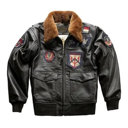 2024 Fashion Autumn Genuine Leather Bomber Pilot Moto Biker Embroidery Men's Casual Coat Winter Cowskin Lamb Wool Collar Jacket