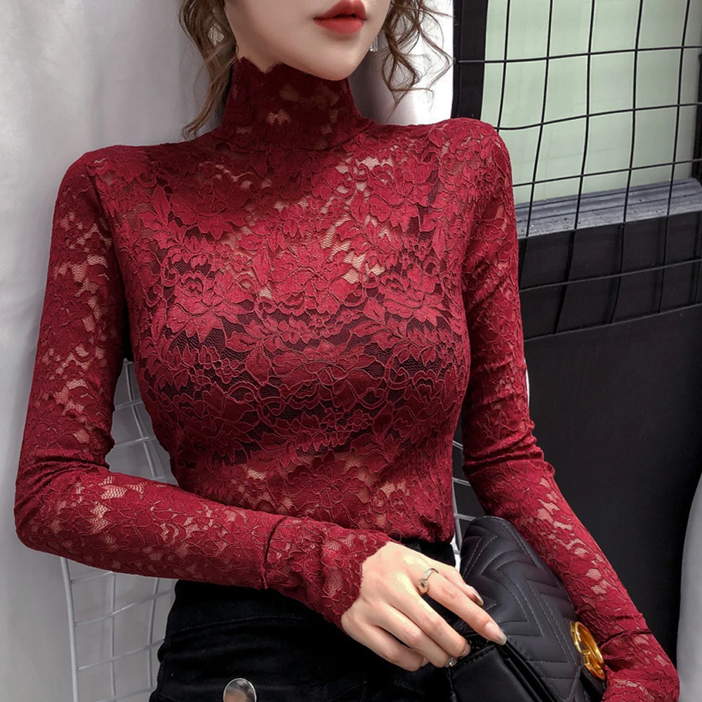 

Half High Collar See Through Slim Lace T Shirt Top Women Office S-3XL Blouse Long Sleeves Lace Shirts Lady Tee Top Streetwear
