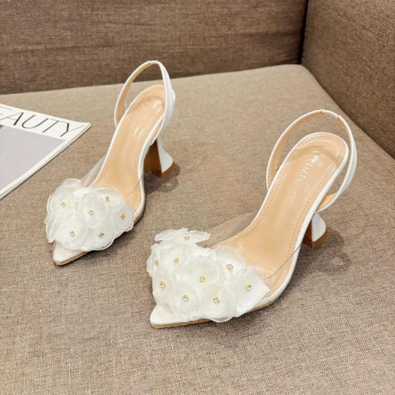 

New Summer Women's High-heeled Sandals, Pointed-toe Wine Glass Heels, White Flower Straps, Empty Back Single Shoes, Party Shoes