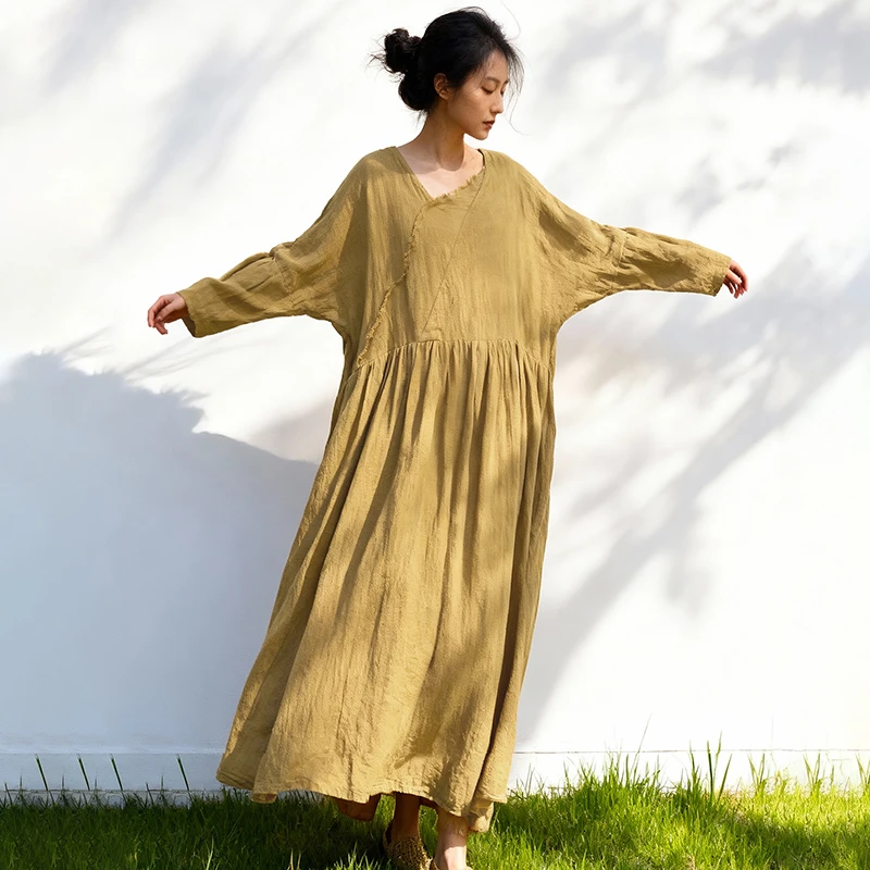 

Высококачественное хлопково-льняное длинное платье для женщин, новинка 2026 года, весенний винтажный стиль, с V-образным вырезом, однотонное, повседневное женское платье M2404