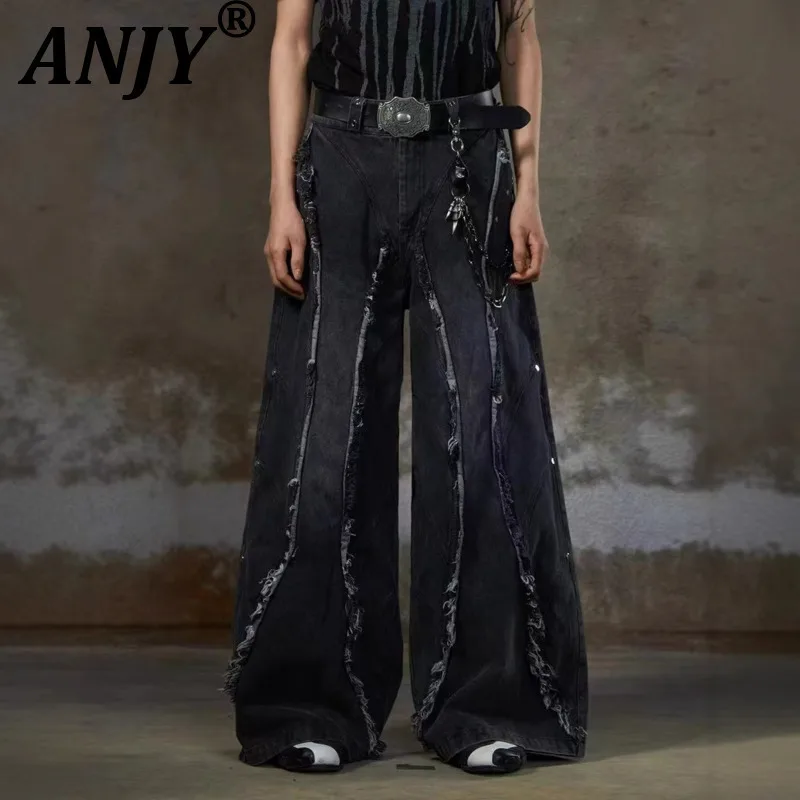

ANJY Осенние унисекс американские тяжелые нишевые трендовые джинсы High Street, потертые джинсовые брюки с кисточками и заклепками, свободные джинсовые брюки A12041