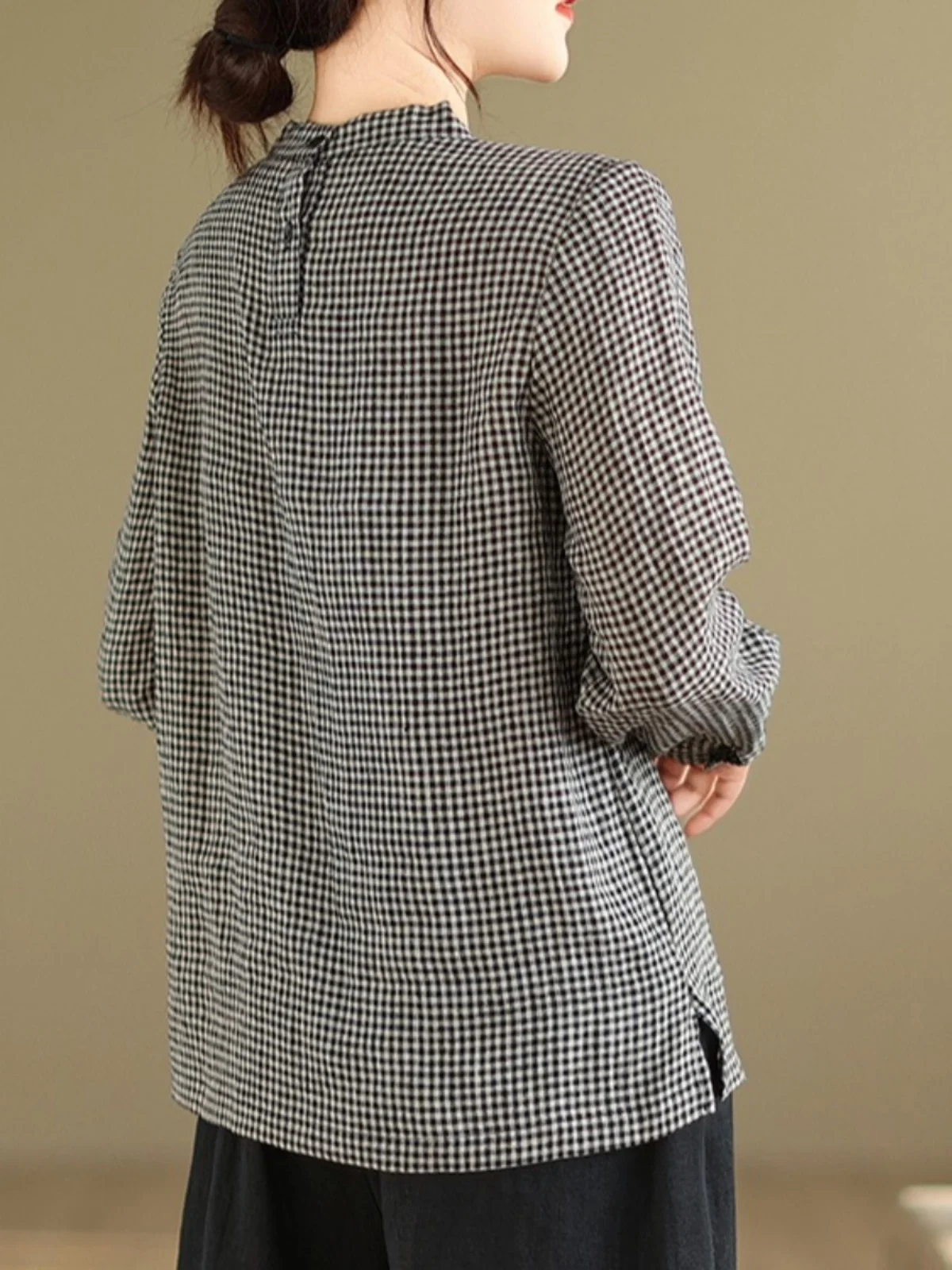 Retro Cotton Linen Plaid irt Women's Spring Autumn Loose Casual Stand Collar Long Sve T-irt Top Faion Commute Sle