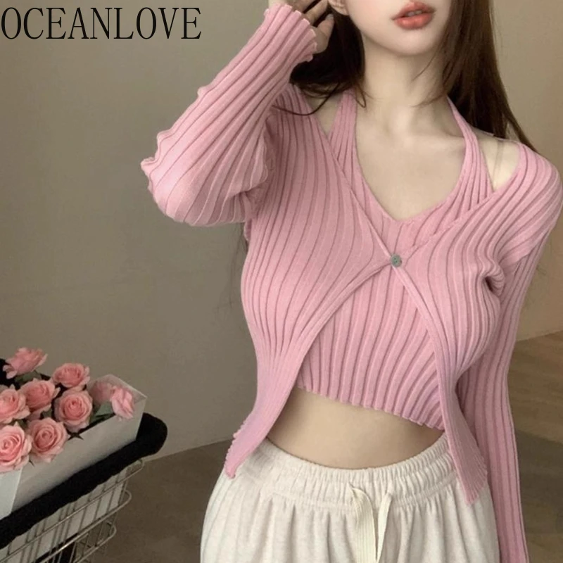 

OCEANLOVE Y2k Clothes Fake 2 Pieces Woman Sweaters Halter Autumn Winter Short Pullovers Korean Fashion Sexy Ropa De Mujer