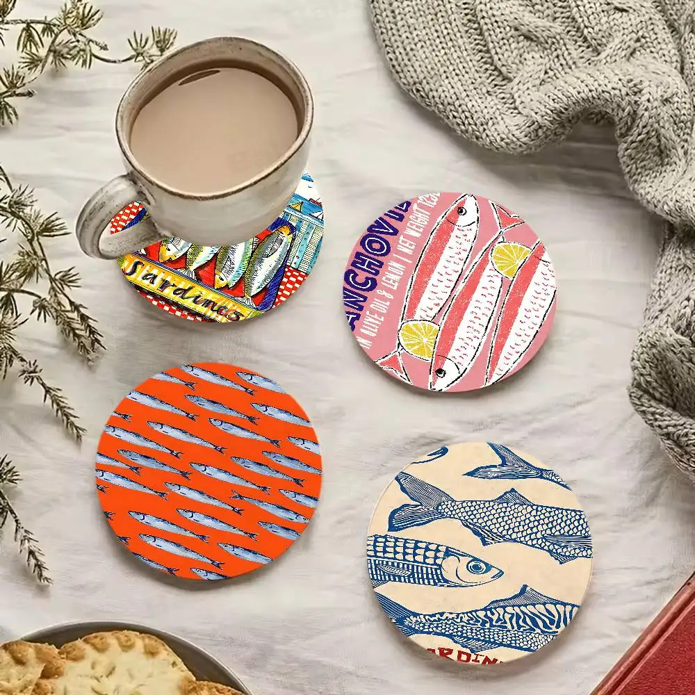 Juego de posavasos de madera con animales del océano, langosta y sardina, resistente al calor para té y café, decoración para cafetería en casa, regalo de vacaciones