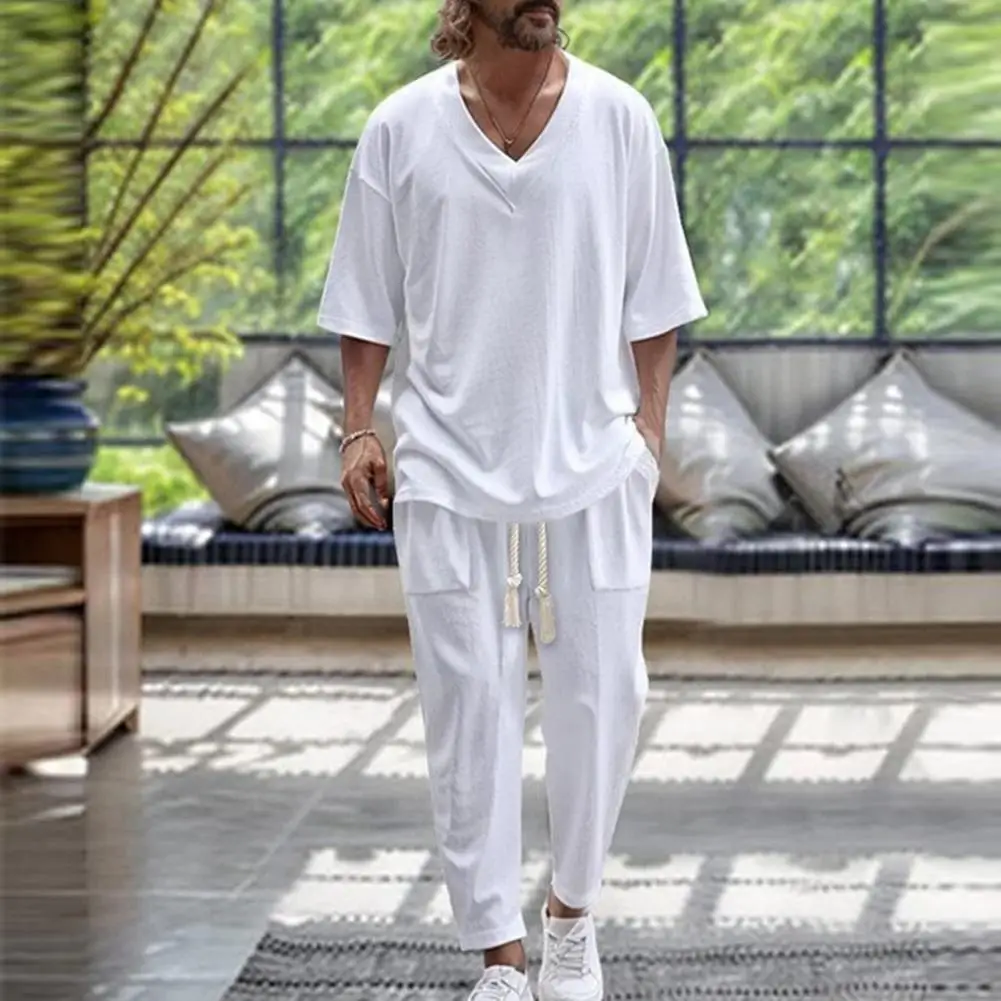 

2Pcs/Set Men Summer Outfit V-Neck Short Sleeve T-shirt Elastic Waist Adjustable Drawstring Pockets Pants Solid Color Tracksuit