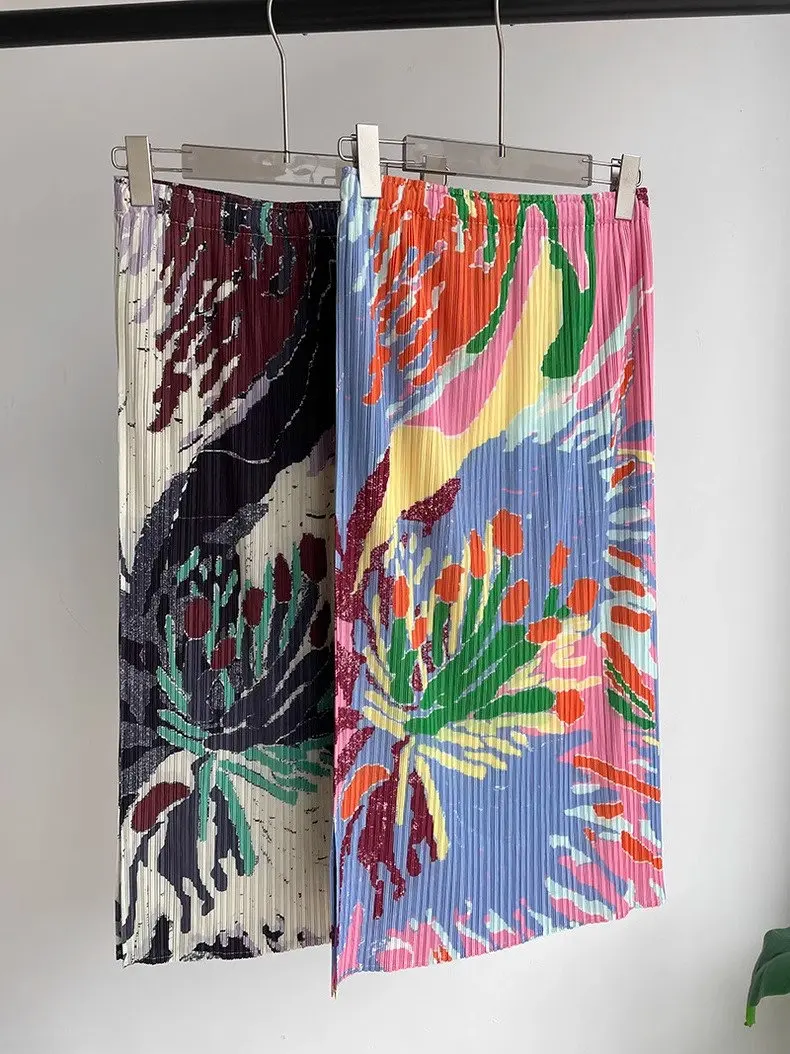 

Плиссированная юбка из ледяного шелка с принтом, женские летние тонкие пляжные солнцезащитные юбки трапециевидной формы небольшого размера с разрезом