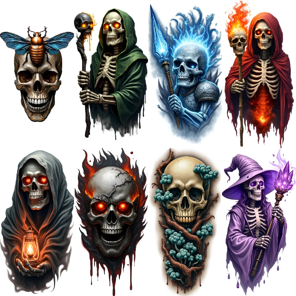 3pcs Temporary Tattoo Wizard Skeleton Waterproof Long-lasting Body Stickers Blue Flame Skeleton Skull And Tree For Men Women