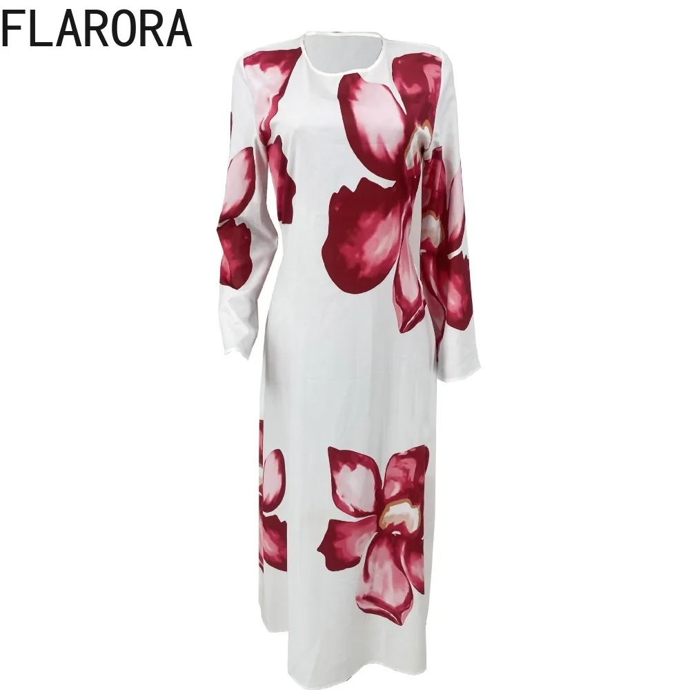 FLARORA Elegant Flower Printing Dress Woman Round Neck Flared Long Sleeved Bandage Girdling Dresses Fairy Party Vestido 2025 New