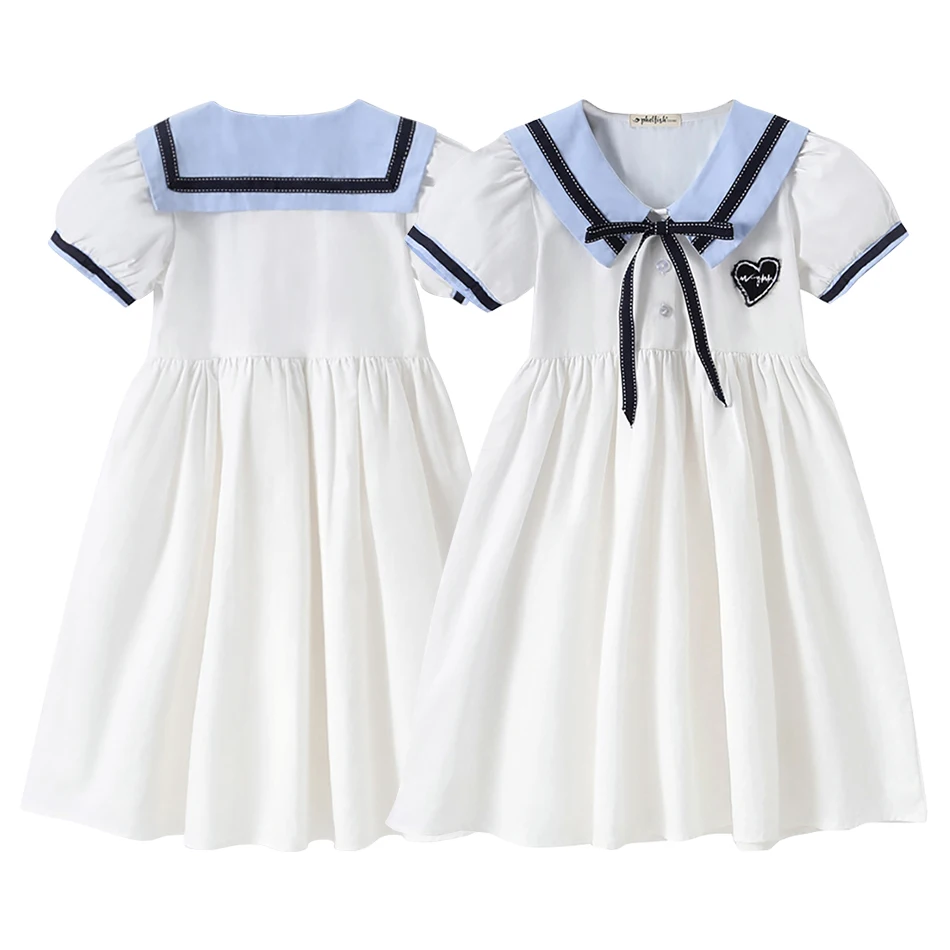 Adorable Comfortable White Cotton Girls Summer Turn-Down Collar Short Sleeve Dress Warm Weather and Casual Wear Girls Dresses