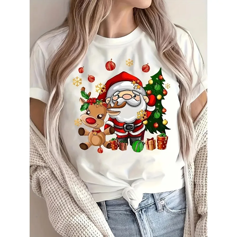 

Дышащая быстросохнущая свободная удобная футболка с круглым вырезом и короткими рукавами с 3D принтом Санта-Клауса и Рождественского оленя