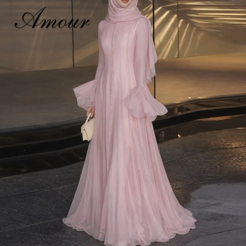 Amour Maßgeschneiderte A-Linien Muslimische Abendkleider mit Langen Ärmeln, Plissiert, Bodenlang, Formelle Rosa Partykleider, Robes De Soirée 2026