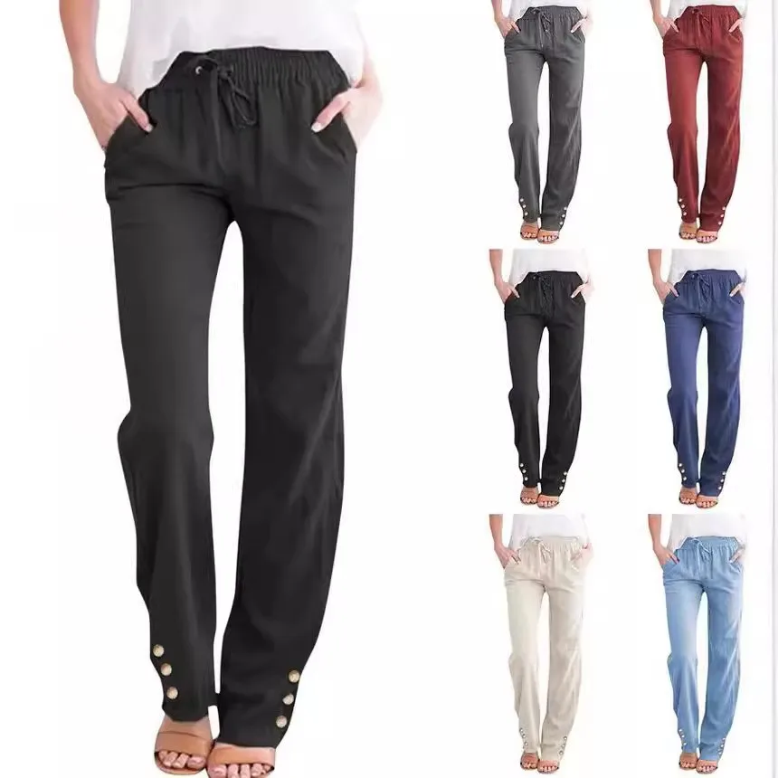 Women's Pants Casual Cotton Linen Drawstring Waist Trousers Mid Rise Button Detail Wide Leg Pants Loose Fit Solid Color Pants