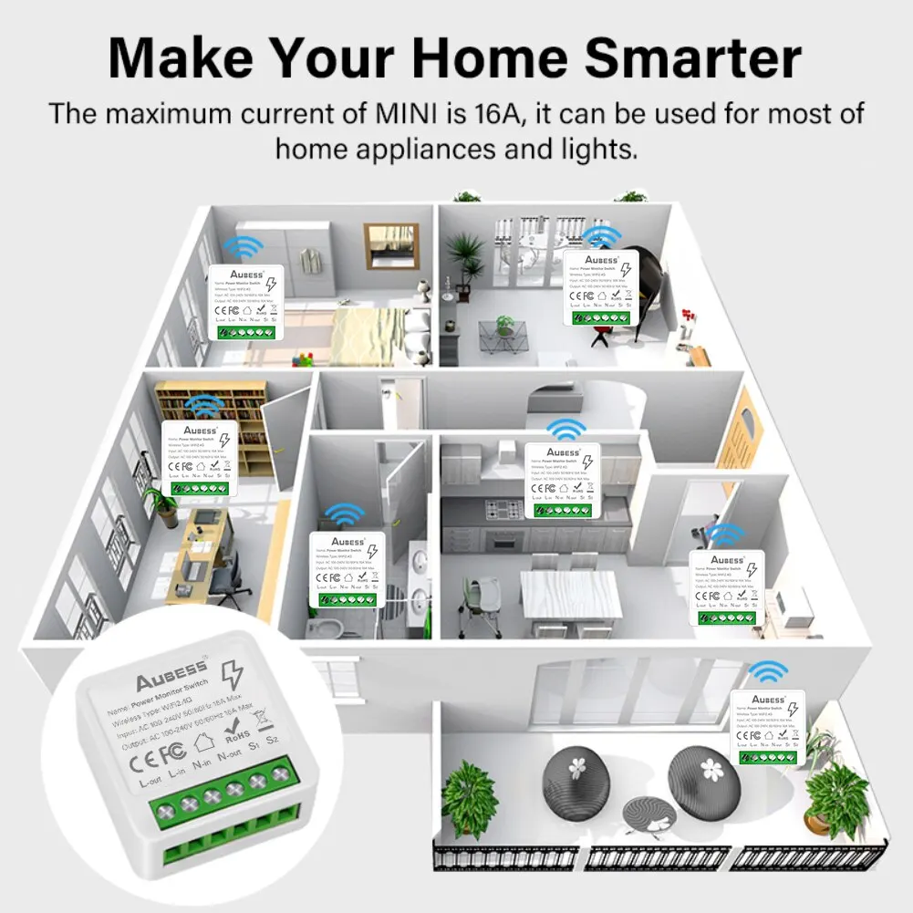 Tuya WiFi MiNi Smart Switch With Energy Monitor 16A 2-way Control DIY Breaker Timer Wireless Switches Work For Alexa Google Home