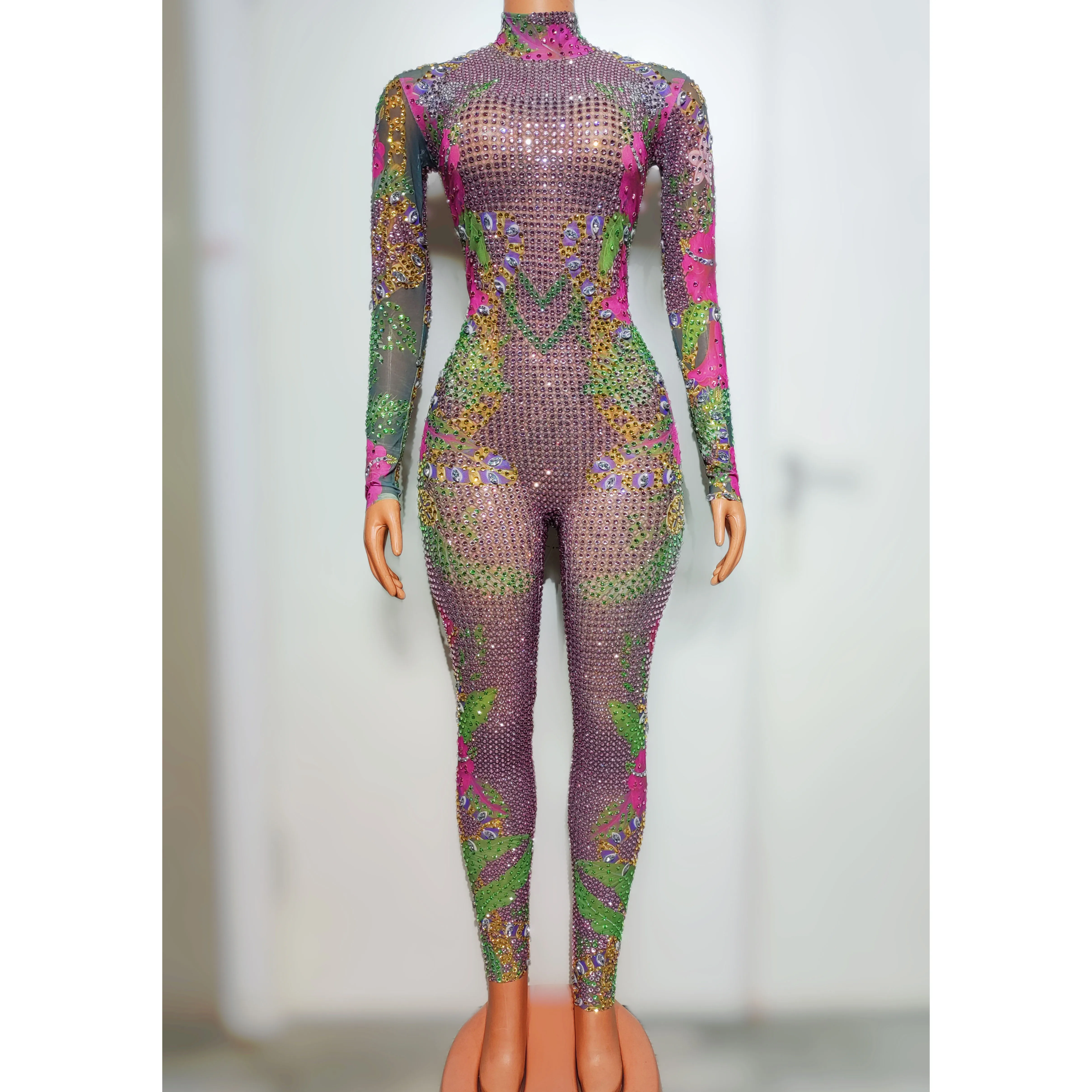 Full Diamond Printed Perspective Mesh Sexy Jumpsuit Bar DJ Nightclub Female Singer Dance Team Stage Clothing Party Theme Show