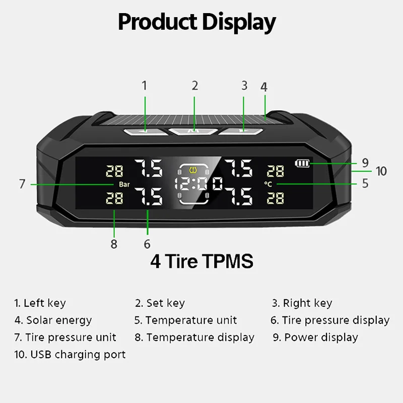 E-ACE Sensor Car TPMS 8Bar Tire Pressure Monitoring System Smart System For Auto 4 Sensors Vehicles Electronic Clock LCD Display