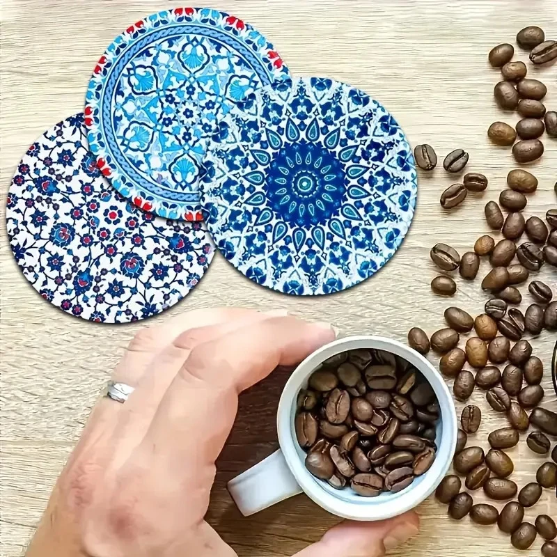 8pcs 2D Flat 4inch Mandala Pattern Wooden Cup Mats Geometric Floral Design Anti-slip Heat-Resistant Mats Beverage Coffee Tea Cup