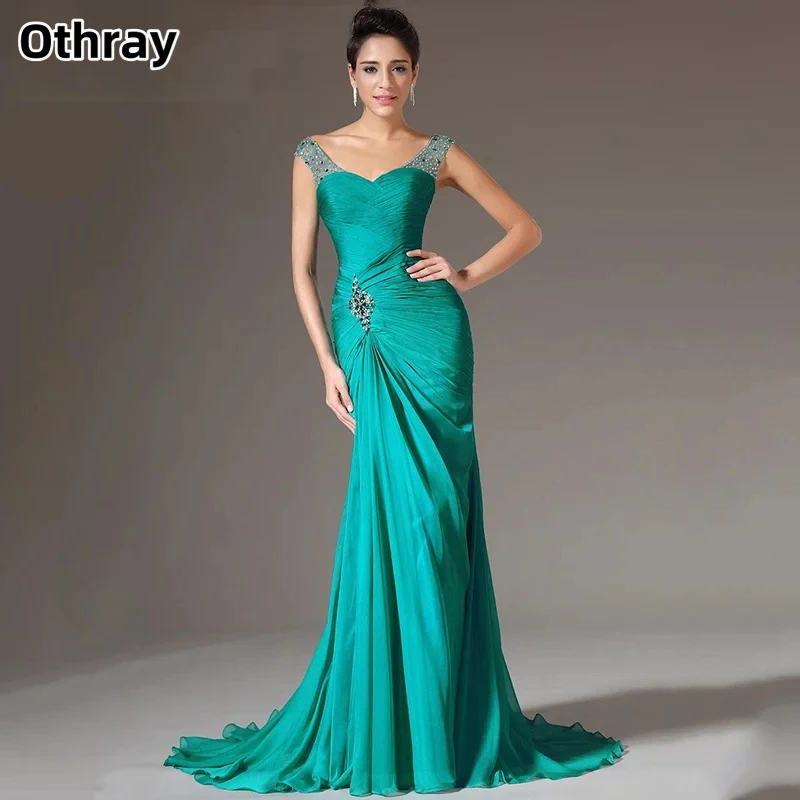 

Othray Sheath V-neck Beaded Evening Dresses Sleeveless Zipper Back Chiffon Sweep Train Prom Dresses Formal Occasion Dresses