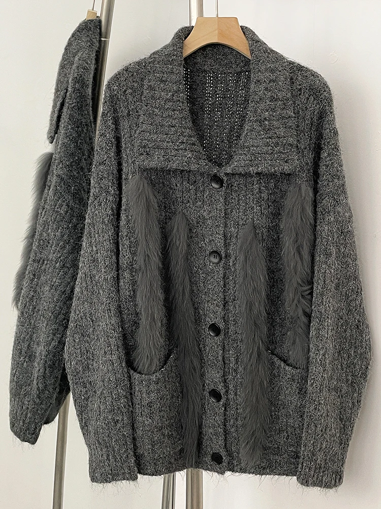 Nova moda primavera outono solto camisola feminina real pele de raposa cardigan roupas femininas botão oversized jaqueta de malha senhora