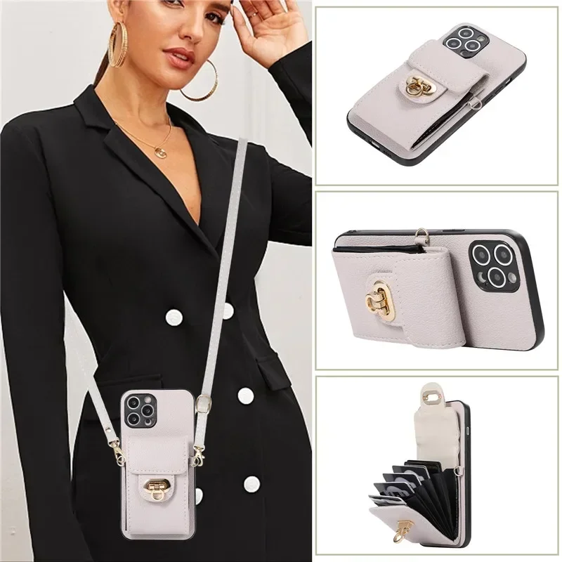 for iPhone 15 16 Pro 14 Pro Max 13 12 11 X XR XS 7 8 Case Luxury Crossbody Shoulder Strap Credit Card Phone Holder Wallet Case