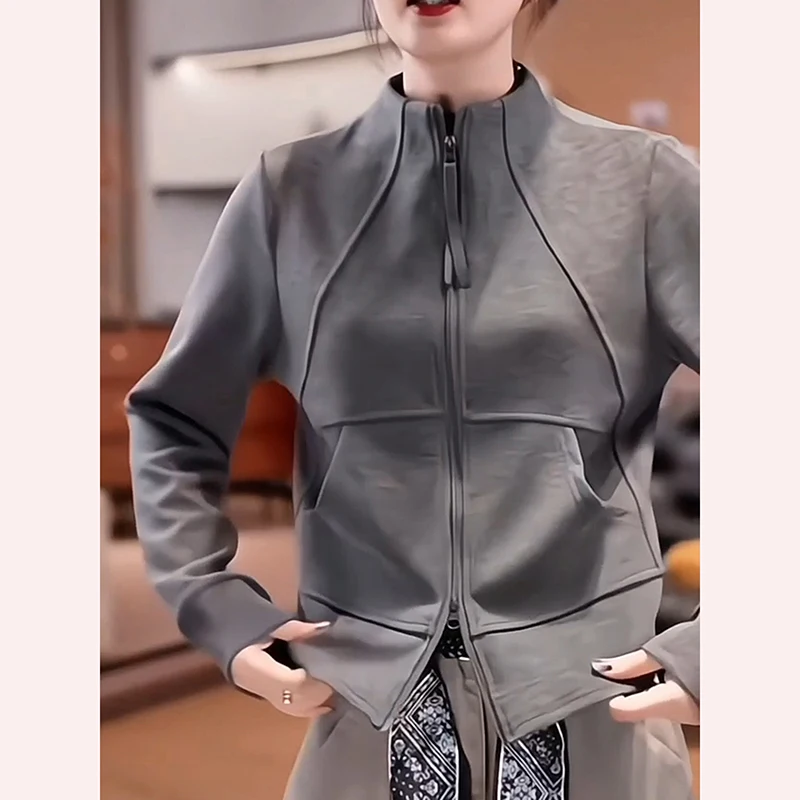 Ele Fce 라인드 후디 재킷 여성 슬림핏 따뜻한 캐주얼 스탠드 칼라 지퍼 가을 겨울 패션 아우터웨어 탑