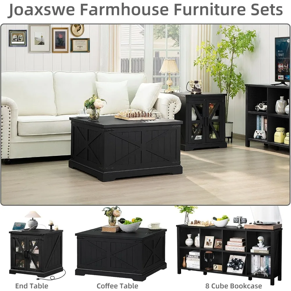 Черный журнальный столик в деревенском стиле с большим скрытым хранилищем, современная квадратная деревянная центральная часть для гостиной