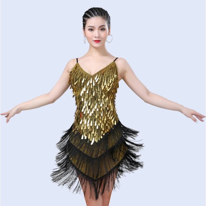 Latin Dance Dress Women Shining V Neck Stage Costumes1920s Gatsby Fringe Flapper Backless Dress Summer Mesh Sequin Dress