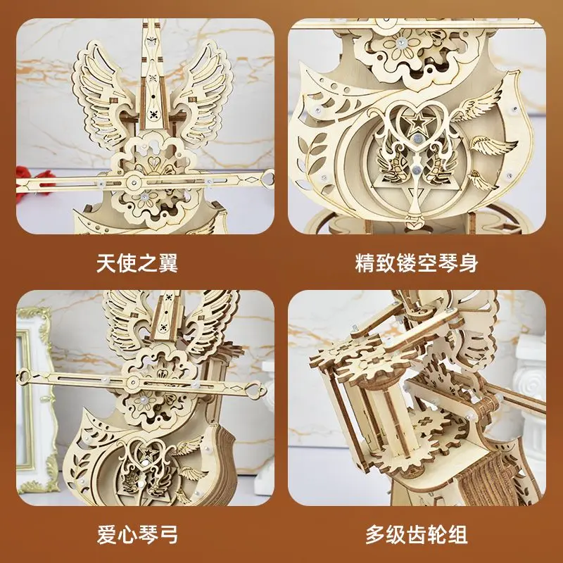 Boîte à musique ailes d'ange pour violoncelle, blocs de construction, modèle de bricolage, Puzzle tridimensionnel, jouet, boîte à musique, assemblage en bois pour femmes